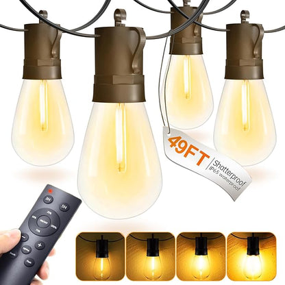 15M LED Outdoor String Lights Patio Dimmable Hanging Light with Remote, Waterproof Shatterproof Edison Bulbs, 3 Modes Outside Lighting Connectable for Graden Porch Backyard Balcony Deck