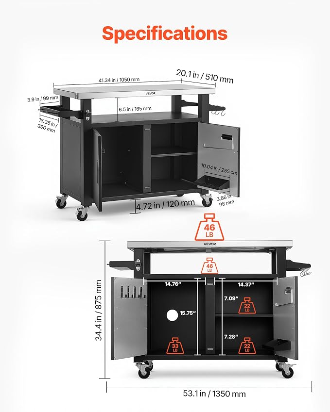 VEVOR Outdoor Grill Cart with Storage Cabinet, 53.1 Inch Grill Table, Waterproof Kitchen Island with Stainless Steel Top, Shelf, and Wheels, Movable Food Prep Station for Patio Bar Backyard BBQ