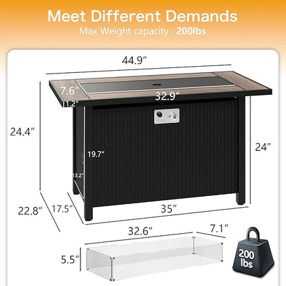 45in Fire Table, Propane Fire Pit with Glass Wind Guard and Rain Cover, Outdoor Firepit Table 50000 BTU 3-in-1 Fire Table for Patio/Yard/Balcony, Walnut Tabletop