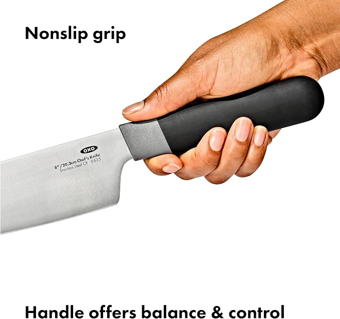 OXO Good Grips 8 in Chef’s Knife with Locking Sheath, Sharp Stainless Steel Kitchen Knife for Chopping, Dicing, and Mincing Herbs and Meat, Cooking Essential with Protective Cover