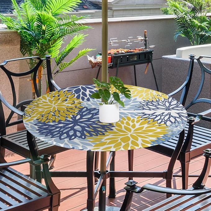 Fitted Round Tablecloth with Umbrella Hole and Zipper Spring Floral Outdoor Elastic Table Cloth 45"-56" Oil-Proof Waterproof Yellow Navy Chrysanthemum Patio Table Cover for Picnic Party