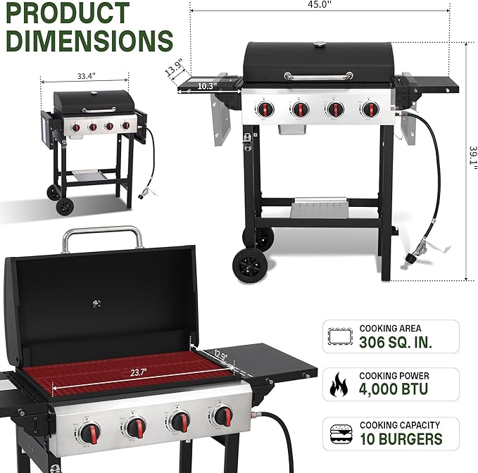 Propane Grill with Folding Side Tables, 4-Burner Gas Grill with Porcelain-Enameled Cast Iron Grates and Stainless Steel Grill Pan, 40,000 BTU BBQ Grill with Wheels for Outdoor Cooking