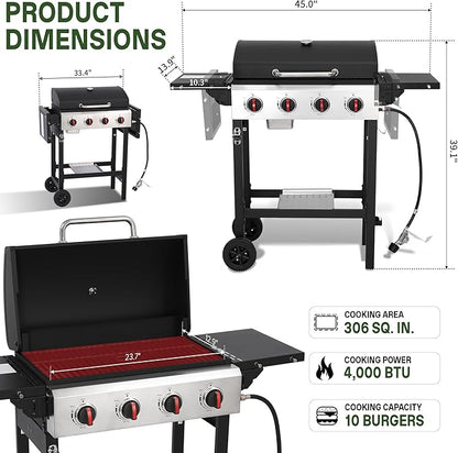 Propane Grill with Folding Side Tables, 4-Burner Gas Grill with Porcelain-Enameled Cast Iron Grates and Stainless Steel Grill Pan, 40,000 BTU BBQ Grill with Wheels for Outdoor Cooking