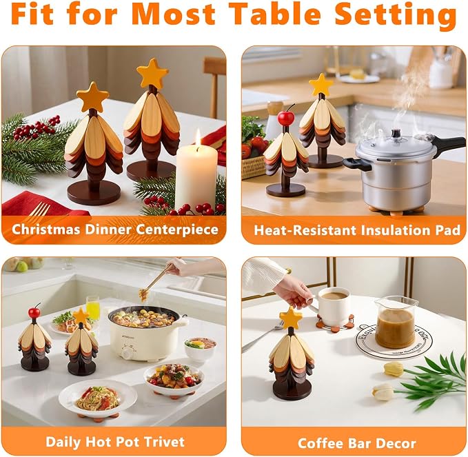 DecBeLiv Foldable Tree Trivet Wooden Hot Plate Holder, Bamboo Trivet for Hot Dishes, Heat-Resistant Pot Holder Tree for BBQ, Picnic, Outdoor Dining & Kitchen Decor