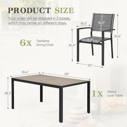 Greesum 7 Piece Patio Dining Set, Outdoor Furniture with Large Table & 6 Textilene Chairs for Garden, Poolside, Porch, Grey