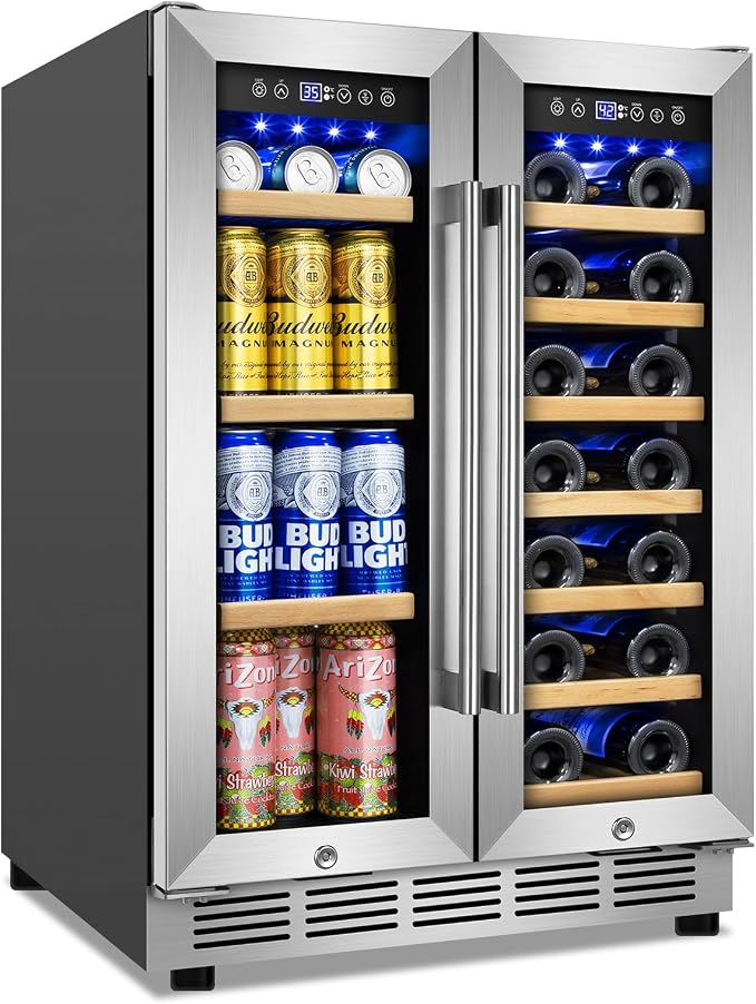 24" Dual Zone Wine and Beverage Refrigerator, Under Counter/Freestanding | 20-Bottle & 90-Can large capacity, Upgraded cooling performance, Digital temp display, Energy efficient, Home bar kitchen