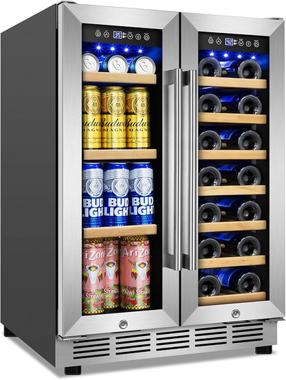 24" Dual Zone Wine and Beverage Refrigerator, Under Counter/Freestanding | 20-Bottle & 90-Can large capacity, Upgraded cooling performance, Digital temp display, Energy efficient, Home bar kitchen