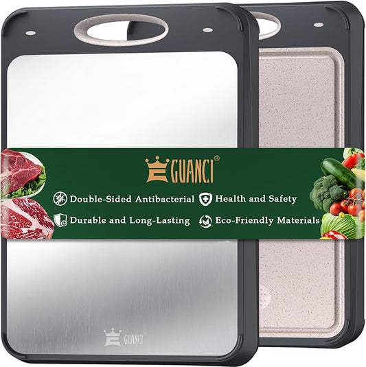 GUANCI Stainless Steel Cutting Board for Kitchen, Non Toxic 2-in-1 Double Sided Design, 304 Food Grade Stainless Steel & Wheat Straw PP, Durable Chopping Board for Meat & Vegetables, 14×9.6 Inch