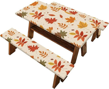 Picnic Table Cover for Outdoor Camping Maple Leaf Print Elastic Fitted Table Cloth for Camping Party Supplies 3 PCS Set