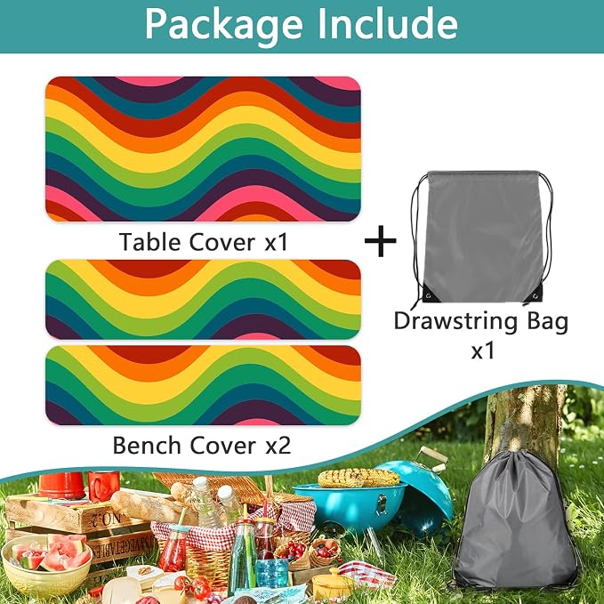Rainbow Picnic Table Cover with Bench Covers, Elastic Edges Waterproof Windproof Colorful Stripes Camper Outdoor Tablecloth, Camping Essentials, Fitted 6FT Rectangle Tables and Seats, 3 Pcs 30x96 Inch