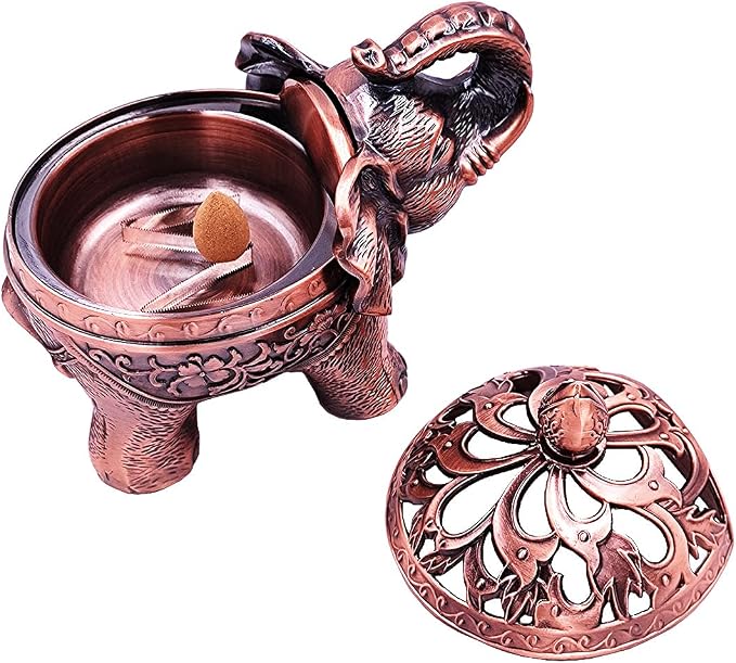 Hourwof Metal Elephant Incense Holder,Vintage Cone Coil Incense Burner with Lid,Ash Catcher,Aromatherapy Ornament Home Office Decor,Red Copper