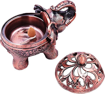 Hourwof Metal Elephant Incense Holder,Vintage Cone Coil Incense Burner with Lid,Ash Catcher,Aromatherapy Ornament Home Office Decor,Red Copper