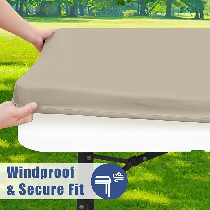 Moosfor 2 Pack Rectangle Spandex Fitted Table Cloth, 8FT Elastic Tablecloth | Washable Picnic Table Cover, Stretch Waterproof Table cloths for Party, Patio, Dining, Kitchen, 30" x 96", Taupe