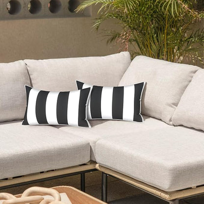 LVTXIII 2 Pack Outdoor Lumbar Pillow Covers 12x20 Inch with Piping, Water-Repellent Back Cushion Covers ONLY for Patio Furniture, Sofa, Garden Bench, Cabana Black