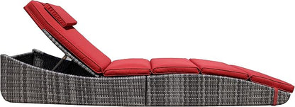 BTEXPERT Set of 2,Foldable Outdoor Chaise Pool Lounge Chair Folding Wicker Rattan Sun Bed Patio Couch Reclining Lounger Adjustable Padded Backrest Pillow Assembled - Red Burgundy