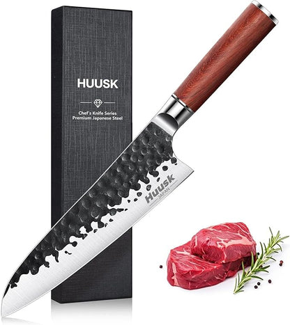 Huusk Japanese Chef Knife, 8 Inch Gyuto Knife with Hand Forged Carbon Steel Blade, Profesional Kitchen Chef Knives with Rosewood Handle, Razor Sharp Japanese Cooking Knives, Gifts Idea for Men & Women
