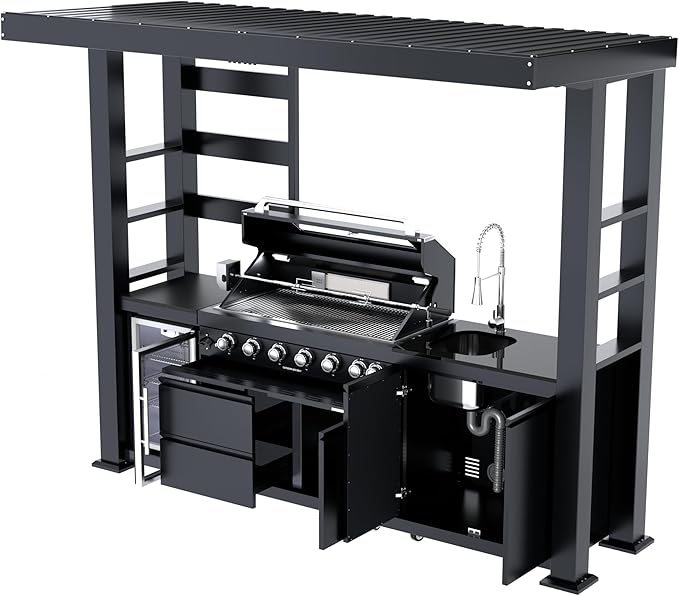 REDNGO 108-Inch 6-Burner 85000 BTU Stainless Steel Propane Gas Grill Outdoor Kitchen Island with Canopy,648Sq.In Cooking Area,Wine Cooler,Refrigerator,Rotisserie,for Backyard BBQ,Black