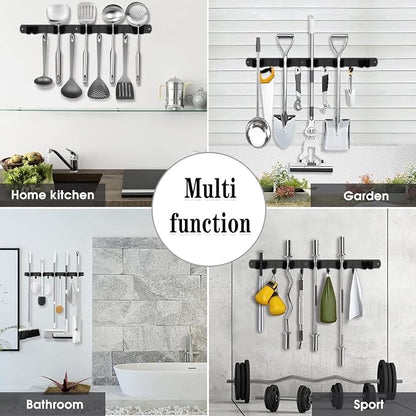 Black Broom Holder Wall Mount, 5 Racks 4 Hooks Mop and Broom Organizer | Mop Holder Wall Mount and Broom Hanger for Garage, Laundry Room, Kitchen and Utility Storage