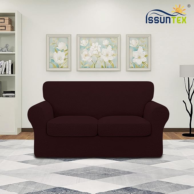 ISSUNTEX 3 Pieces High Stretch Thicken Loveseat Couch Covers, Soft Sofa Slipcover for 2 Separate Cushion Couch, Jacquard Fabric Elastic Sofa Cover Furniture Protector for Dogs (Loveseat, Wine)