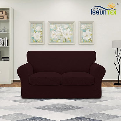 ISSUNTEX 3 Pieces High Stretch Thicken Loveseat Couch Covers, Soft Sofa Slipcover for 2 Separate Cushion Couch, Jacquard Fabric Elastic Sofa Cover Furniture Protector for Dogs (Loveseat, Wine)