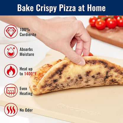 Large Pizza Stone, 16"x14" Rectangular Pizza Stone for Oven Grill BBQ, Baking Stone for Pizza Bread, Unique Built-in 4 Handles Cooking Stone