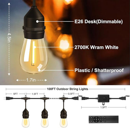 100FT Outdoor String Light 64Bulbs (1.5FT Bulbs Spacing),120W Dimmer Remote | Patio Lights with IP65 Waterproof, Dimmable & Timing & 3 Mode, Connectable, Zipper Ties for Outside Commercial Backyard