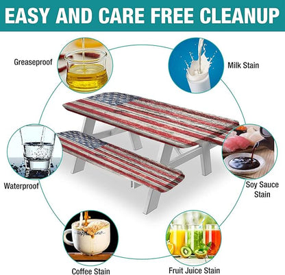 American Flag Picnic Fitted Tablecloth Benches Covers, 3 Pieces Set, Old Painted American Flag on Dark Wooden Fence Elastic Edged Table Cover, Great for Summer Spring Picnics Dinner Use, 72x28 In