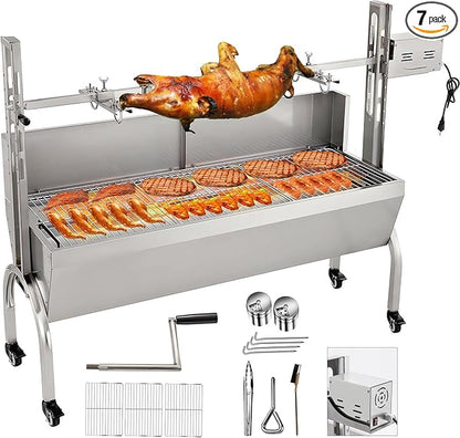 Rotisserie Grill with Back Cover Guard, 25W Motor 55 Inch Stainless Steel Small Pig Lamb Rotisserie Roaster, BBQ Charcoal Rotisserie Grill for Camping Party, Outdoor Kitchen (176 LBS/80KG)