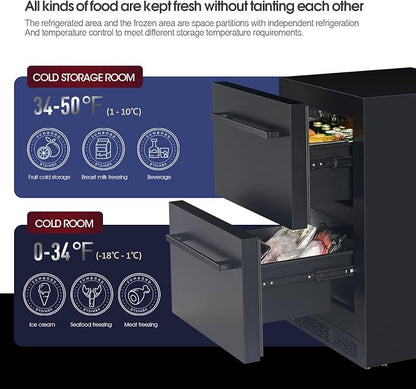 24 inch Double Drawer Drawer Refrigerator Under Counter with Freezer Beverage Refrigerator, Indoor/Outdoor Fridge for Patio, Kitchen & Bar, Weatherproof (Black)