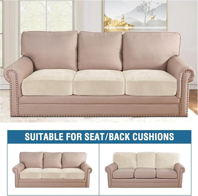 H.VERSAILTEX Velvet Stretch Couch Cushion Cover Plush Cushion Slipcover for Chair Loveseat Sofa Cushion Furniture Protector Seat Cushion Sofa Cover (3 Piece XL Sofa Cushion Covers, Cream)
