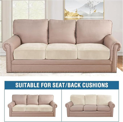 H.VERSAILTEX Velvet Stretch Couch Cushion Cover Plush Cushion Slipcover for Chair Loveseat Sofa Cushion Furniture Protector Seat Cushion Sofa Cover (3 Piece Sofa Cushion Covers, Cream)