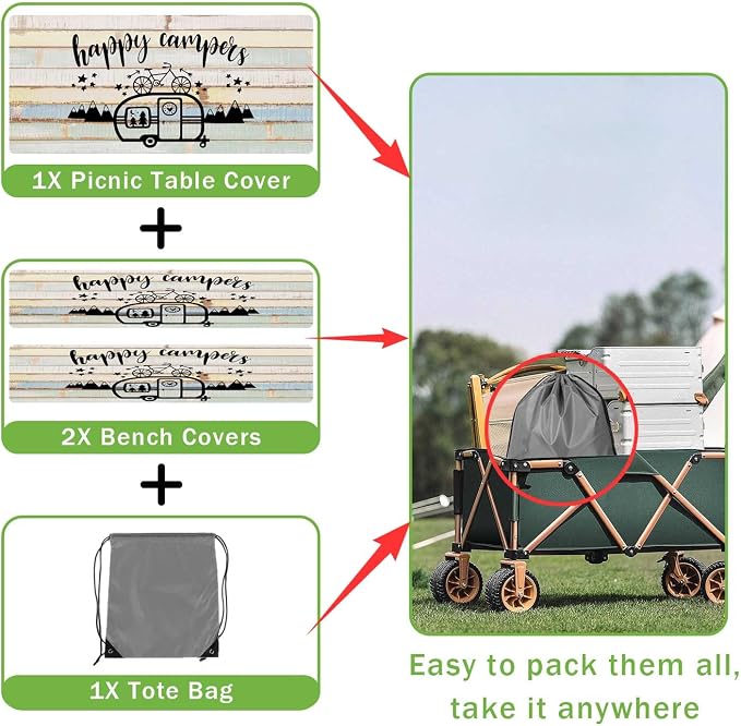 JAWO Picnic Table Cover with Bench Covers 3 Piece Set, Vintage Wooden Camper Pine Tree Camping Elastic Fitted Picnic Tablecloth Outdoor Camping Patio Picnic Table, 30X72 inch