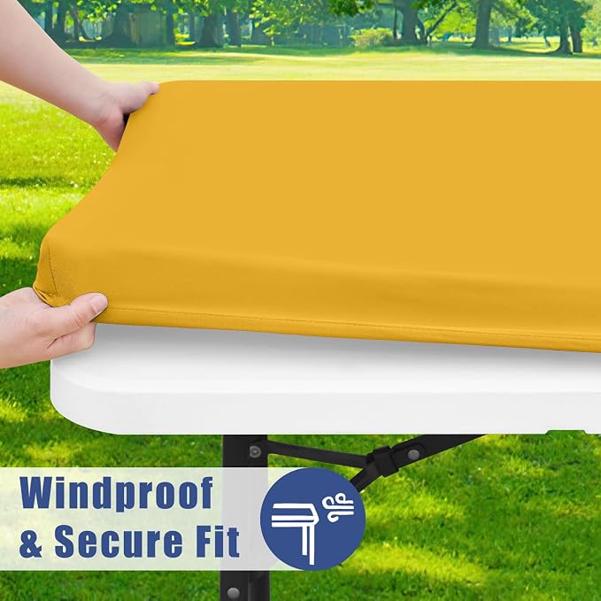 Moosfor Spandex 8 Foot Rectangle Table Cloth, Elastic Fitted Tablecloths for Picnic, Stretch Washable Patio Table Cover for Outdoor, Camping, Banquet and Parties (Mustard Yellow, 30"x96")
