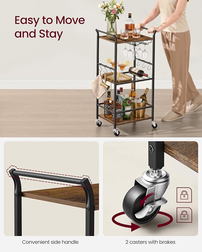 VASAGLE 3-Tier Bar Cart, Steel Serving Cart on Wheels with Wine Rack and Glass Holder, 17.5 x 12.6 x 33.7 Inches, Rustic Brown, for Kitchen and Living Room, Barnet Collection ULRC190K101