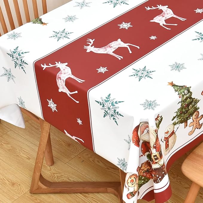 Christmas Table Cloth Rectangle Heavy Duty Vinyl Red Christmas Tablecloth Plastic Reusable Santa Tablecloth Wpieable Waterproof PVC Xmas Table Cover for Dining Party New Year(Deers, 54"x72")