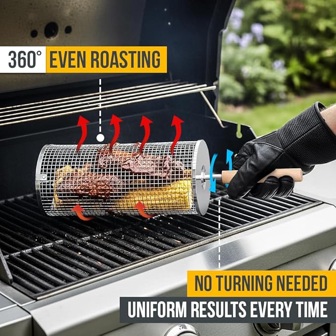 Rolling Grill Basket for Veggies (2 PCS) | 304 Stainless Steel Grill Baskets for Outdoor Grill with Removable Wooden Handle | BBQ Baskets for Grilling | Vegetable Grill Basket