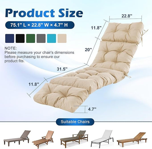 Chaise Lounge Cushions Outdoor, Waterproof & Fade Resistant Patio Lounge Chair Cushions for Outdoor Furniture, Chaise Cushion with Ties for Patio, Pool, Lawn and Beach, 75.1x22.8x4.7 Inch, Beige