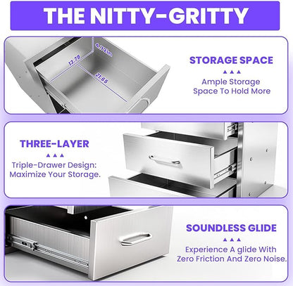 Modular Outdoor Kitchen Drawer Cabinet 18" x 23" x 23", Stainless Steel Cabinet with 3 Drawers, Outdoor Kitchen Cabinets Flush Mount for BBQ Island & Grill