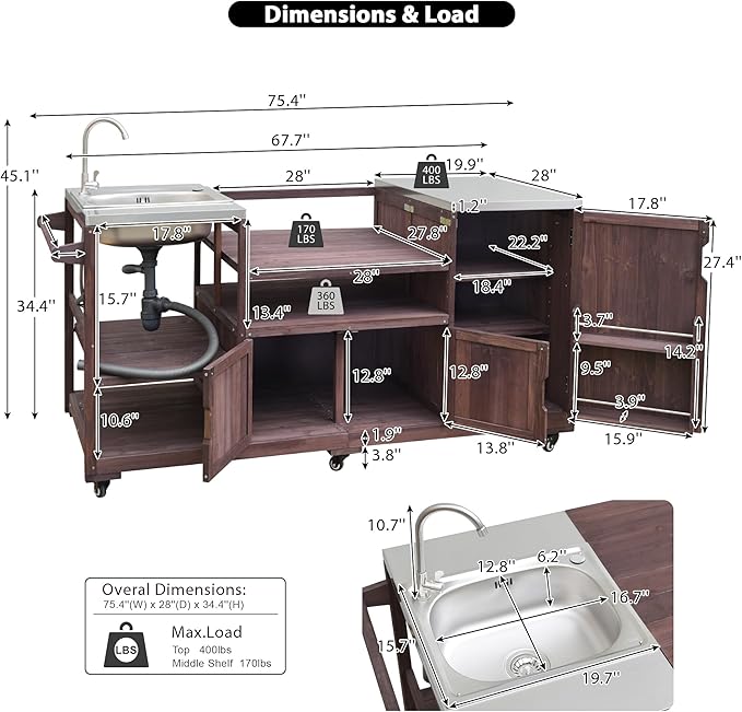 75.4" Outdoor Kitchen Island with Sink, Solid Wood Grill Cart for XL Big Green Egg, Rolling Outdoor Bar Cart with Stainless Steel Top, Adjustable Shelves, 6 Wheels for BBQ Pizza Prep