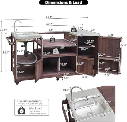 75.4" Outdoor Kitchen Island with Sink, Solid Wood Grill Cart for XL Big Green Egg, Rolling Outdoor Bar Cart with Stainless Steel Top, Adjustable Shelves, 6 Wheels for BBQ Pizza Prep