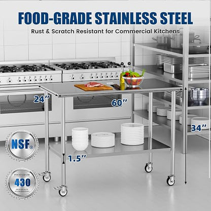 Stainless Steel Work Table with Wheels, 24x60 Inch NSF Kitchen Prep Table with Adjustable Undershelf for Commercial Restaurant, Garage, Outdoor BBQ