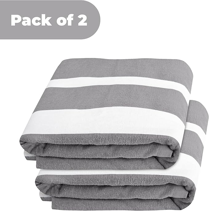 Superior Cabana Cotton Lounge Chair Cover, Outdoor Towel, Terry Cloth, Beach, Spa, Swim Accessories, Pool Chair Cover, Soft, Quick Drying, 32" x 102", Set of 2, Light Grey
