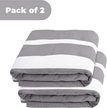 Superior Cabana Cotton Lounge Chair Cover, Outdoor Towel, Terry Cloth, Beach, Spa, Swim Accessories, Pool Chair Cover, Soft, Quick Drying, 32" x 102", Set of 2, Light Grey