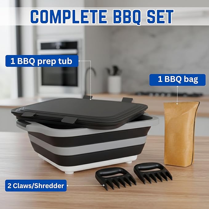 Collapsible BBQ Prep Tub - for Meal Prep Marinating Food Storage - Includes Cutting Board & Locking Lid - 16L - Black