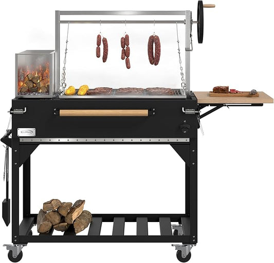 KoolMore 72 in. Charcoal and Wood BBQ Grill, Santa Maria Argentine Style Grill with Adjustable Grate, Heavy Duty, in Black