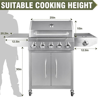 BESTFIRE 68,000 BTU 5+1 Burner Propane Grill - Stainless Steel BBQ with 647 sq in UPGRADED OIL-DRAIN Plates, Cast Iron Grates, Side Burner + FREE Food Clip for Outdoor Cooking