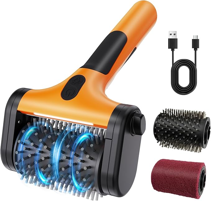 2-in-1 Upgraded Electric Grill Brush and Polisher – 1000 RPM High-Torque Motor, 2600mAh Battery, LED Light – Bristle-Free BBQ Cleaner for Gas, Charcoal & Pellet Grills (Orange)