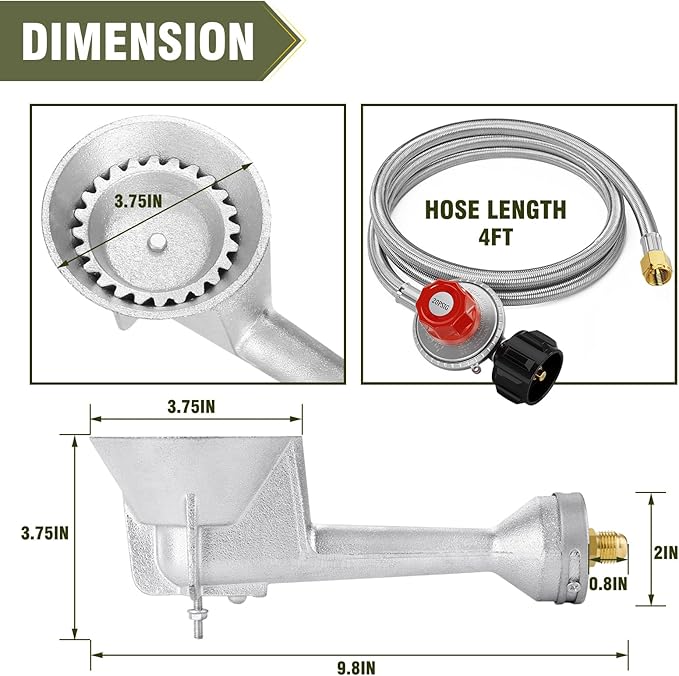 BESTFIRE High Pressure Cast-Iron Propane Burner Head,Taper Burner Head with 20 PSIG Adjustable High Pressure Propane Regulator with Hose and Brass Fitting for Propane Burner Head for Cooking Outdoor