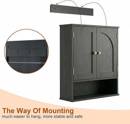 Medicine Cabinet, Over Toilet Storage Cabinet, Bathroom Wall Cabinet with Arched Doors & Adjustable Shelves, Wall Mounted Cabinet with Open Shelf for Bathroom Over Toilet Restroom, Black