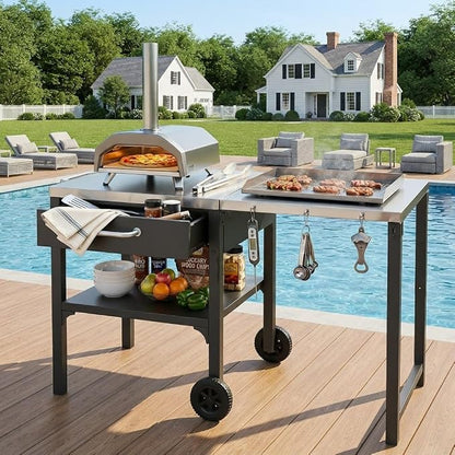 55” Outdoor Grill Table with Storage Cabinet & Folding, Metal | Stainless Steel Top Grill Cart for Kitchen with Wheels & Hooks, Kitchen Island Prep Table/Pizza Oven Table for BBQ Backyard